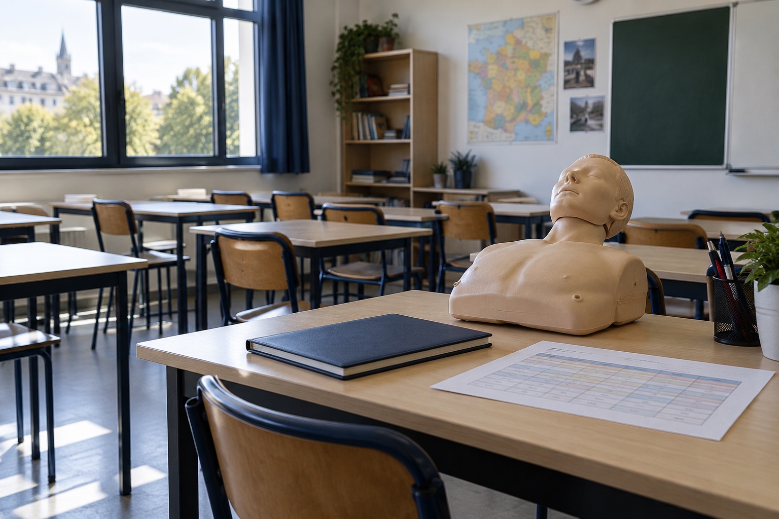 Salle de classe avec un mannequin pédagogique de formation aux premiers secours