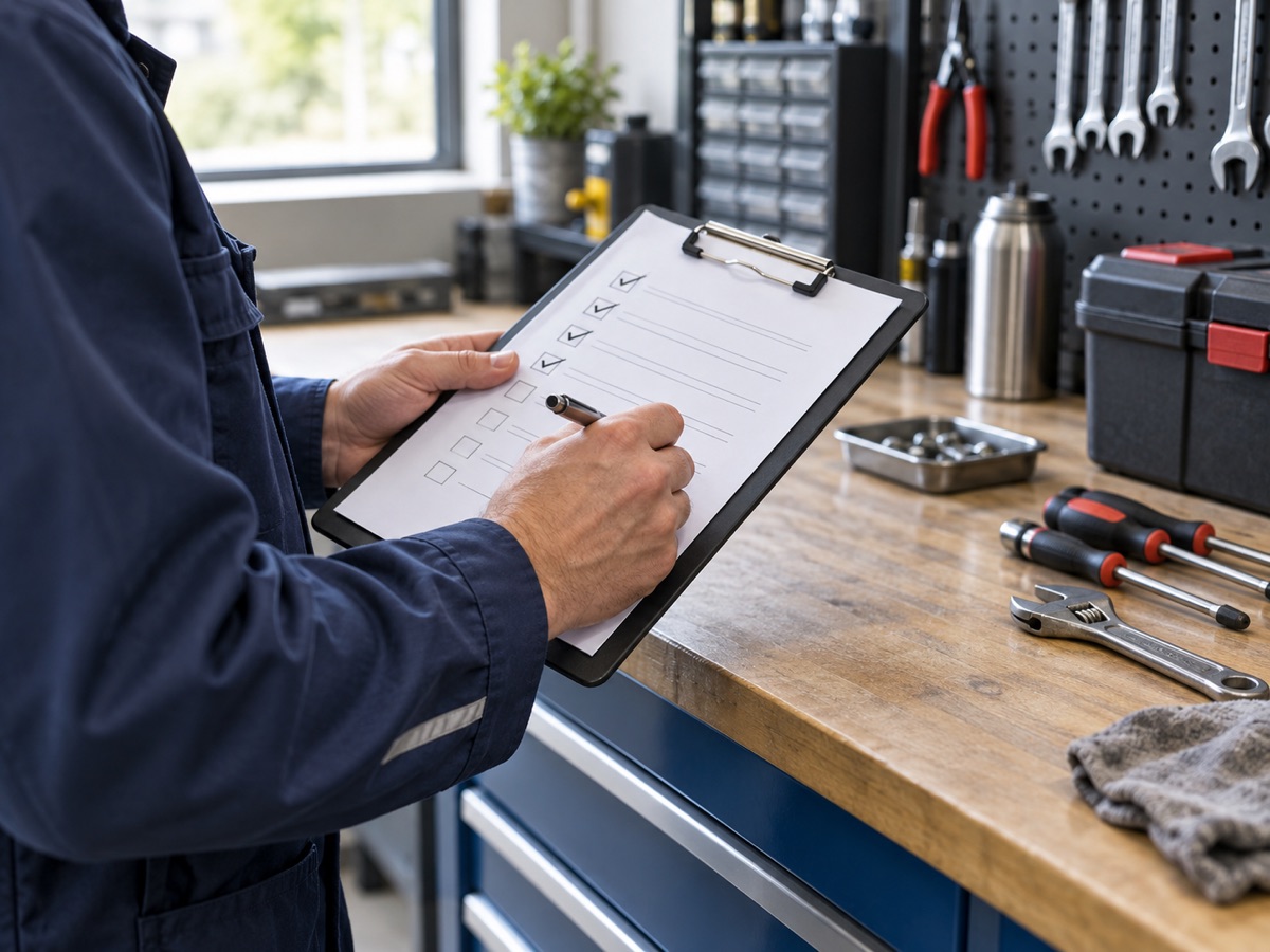 Illustration : mains d’un technicien remplissant une fiche de suivi sur un établi