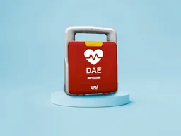 Défibrillateur Médicap rouge posé sur un socle, sur fond bleu clair