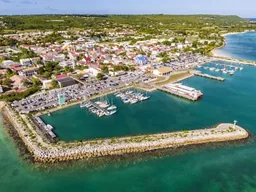 Vue aérienne d'un port de plaisance et d'une commune littorale des Antilles